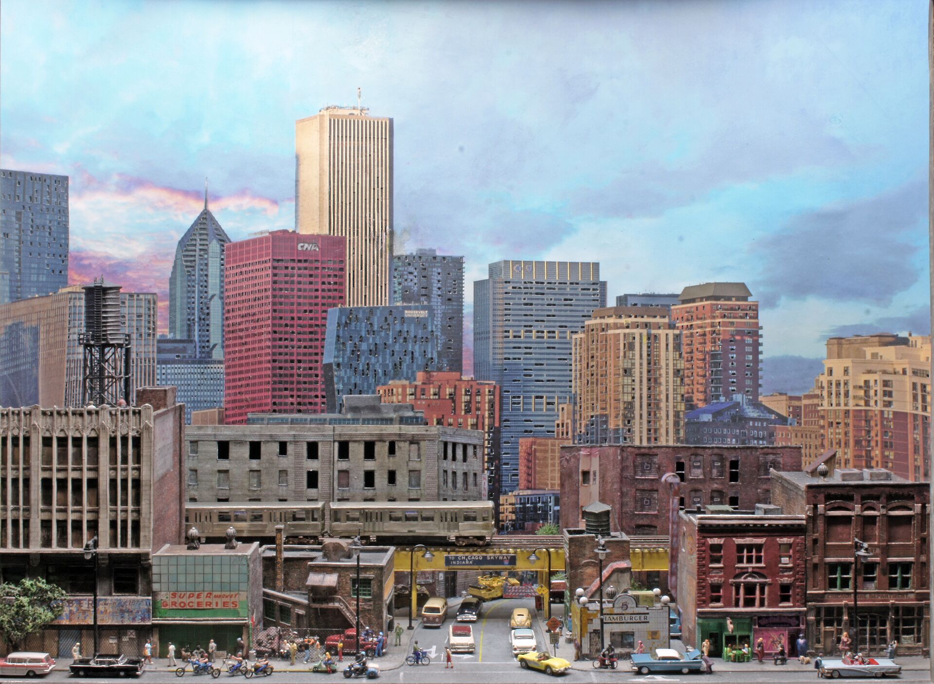 Diorama Chicago South Side mit Hochbahn vor der Skyline