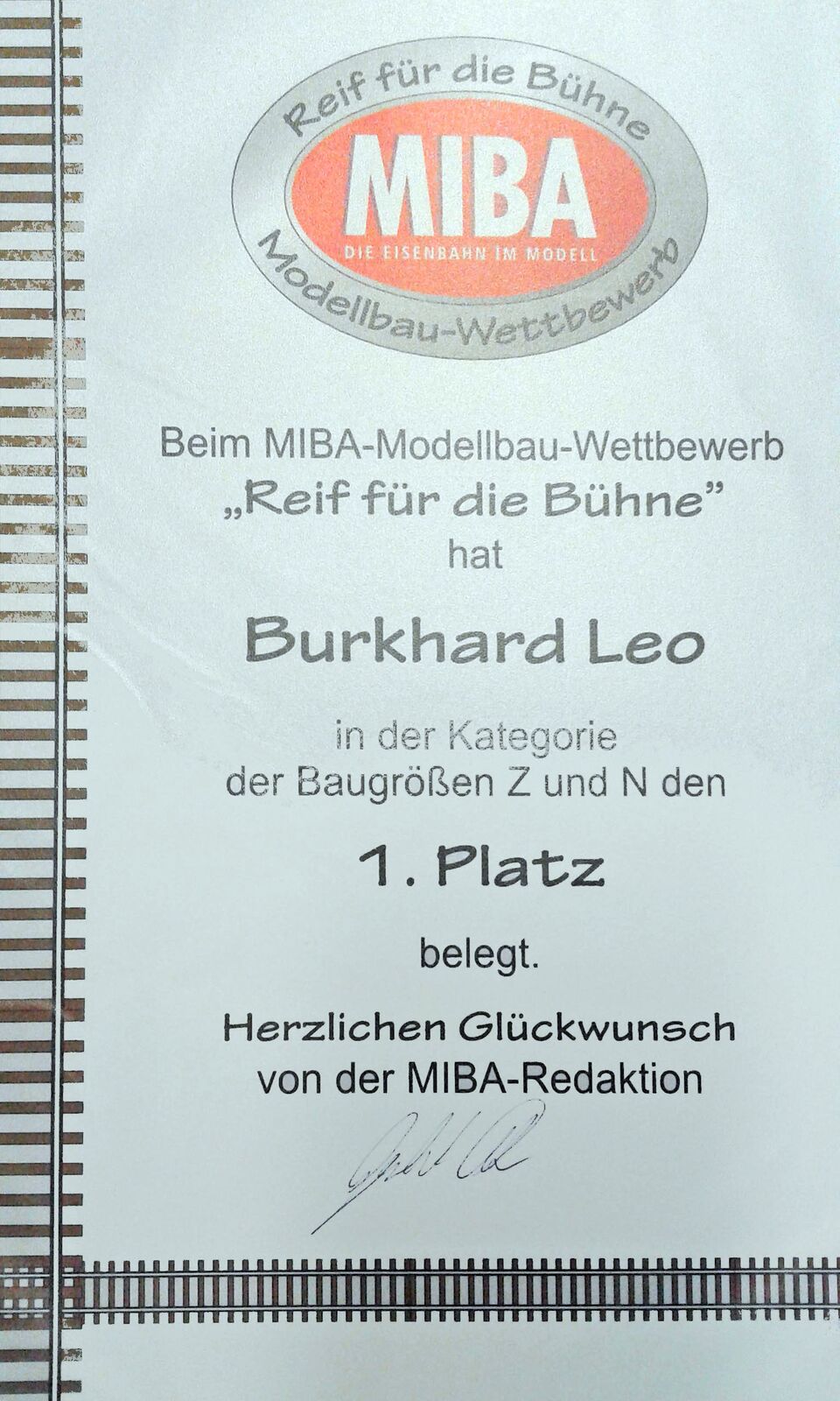 Urkunde der MIBA für den 1. Platz in den Baugrößen Z und N